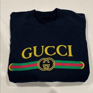 Vintage Gucci Bootleg Navy Sweatshirt with Yellow Logo